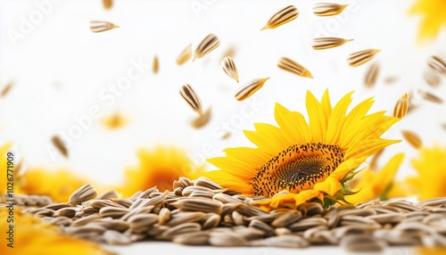 Isolated Flying Sunflower Seeds: Raw Seed Group With Shell, Fresh Edible Striped Oil Seeds Heap On White Background Side View. photo