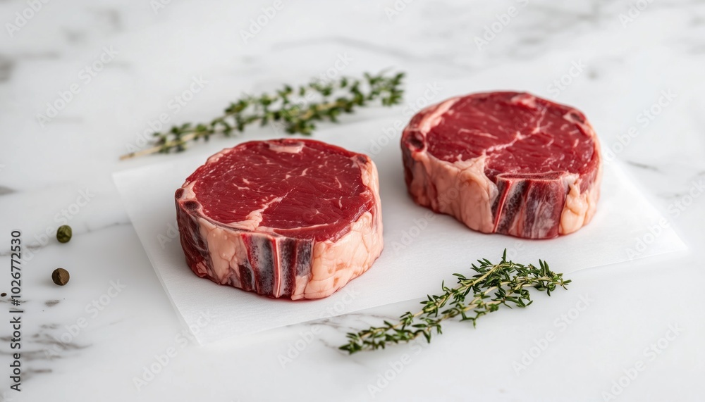 Freshly Cut Raw Boneless Ribeye Steaks On A White Background: Two Juicy ...