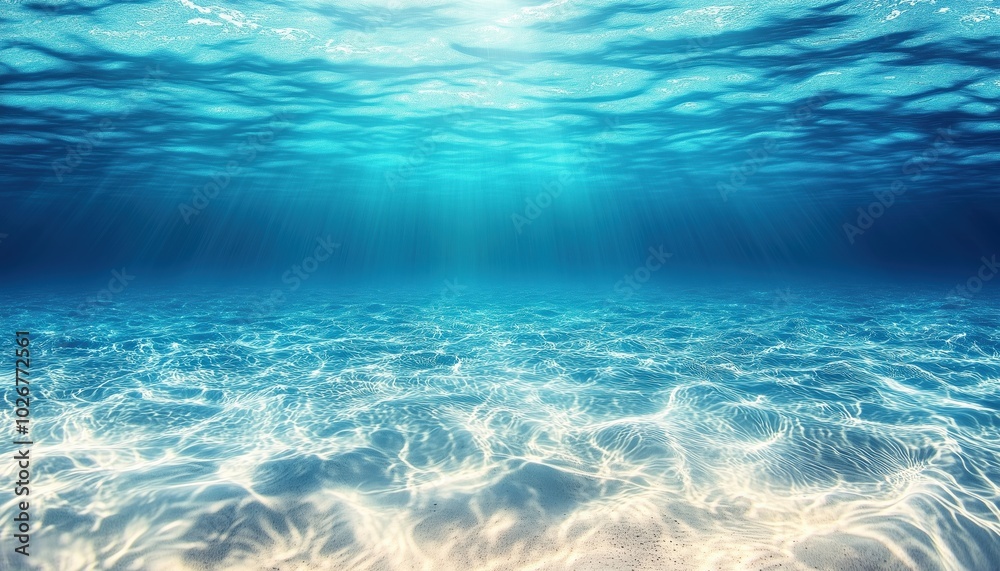 Underwater Blue Ocean Swimming Pool: Wide Panoramic Background Of Water Waves With Sandy Sea Bottom And Isolated White Background. Underwater Blue Ocean Swimming Pool: Wide Panoramic Background Of Water Waves With Sandy Sea Bottom And Isolated White Background.