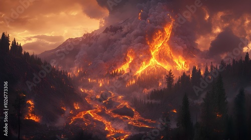 Volcano Eruption with Lava Flowing Through Forest