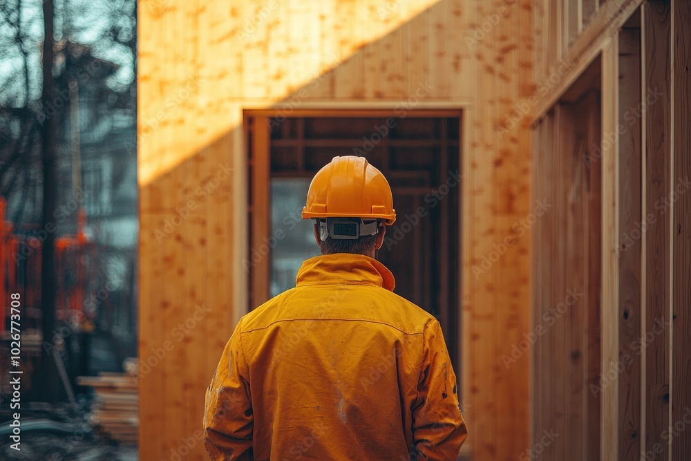 Construction Worker in Yellow Gear on Wooden Building Site Construction Worker in Yellow Gear on Wooden Building Site