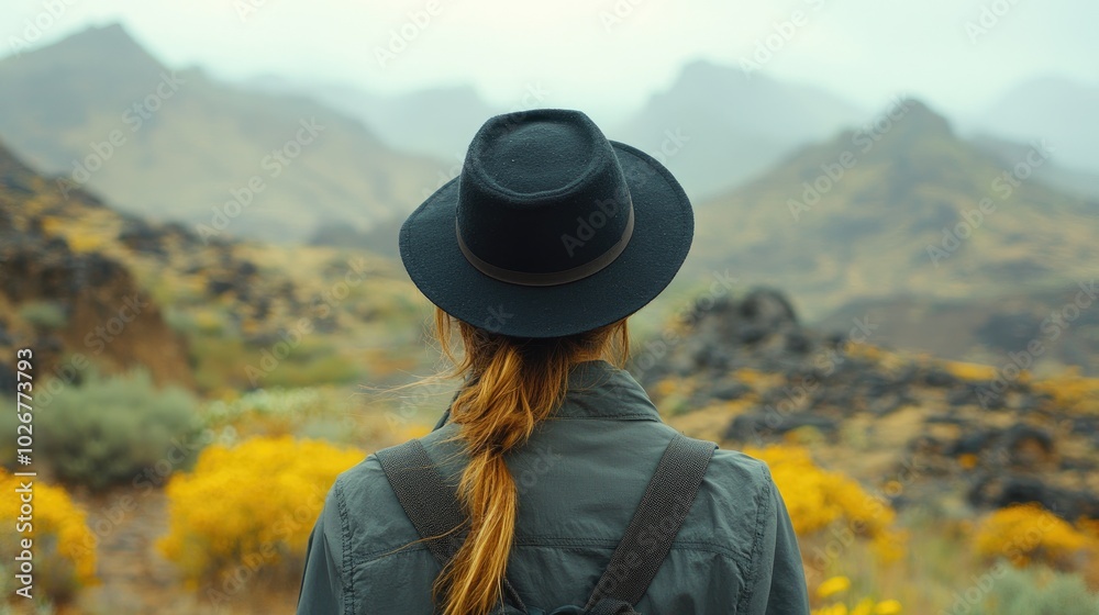 Woman Exploring Serene Mountain Landscape in Fall with Hat and Backpack Woman Exploring Serene Mountain Landscape in Fall with Hat and Backpack