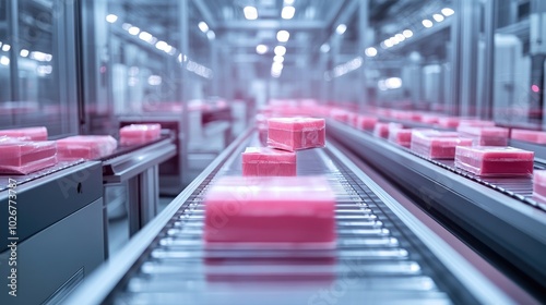 Automated Soap Production Line in Modern Factory with Pink Bars on Conveyor