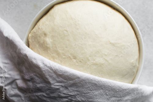 Overhead view of proofed challah bread dough, process of making challah photo