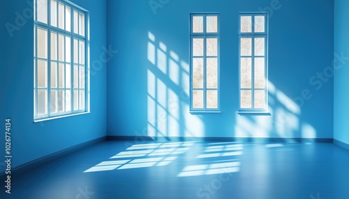 Minimalistic Light Blue Studio Space With Dark Windows Shadows. Simple Design And Minimal Background In A Spacious, Empty Environment.