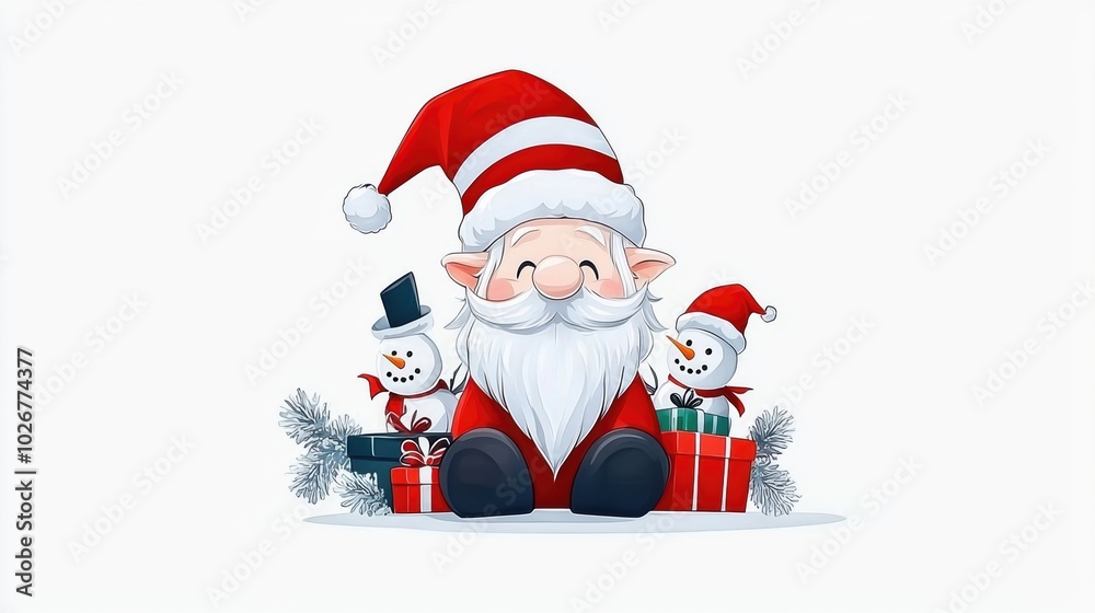 Cute Cartoon Santa with Snowmen and Christmas Gifts Cute Cartoon Santa with Snowmen and Christmas Gifts