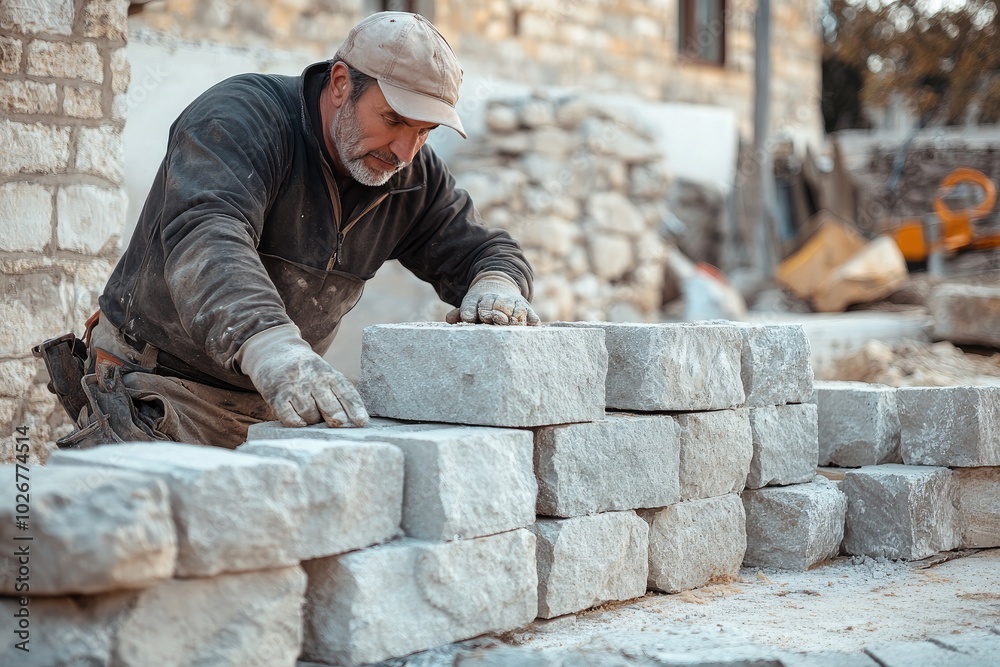 Skilled Mason Building Stone Wall at Construction Site in Rustic Setting Skilled Mason Building Stone Wall at Construction Site in Rustic Setting