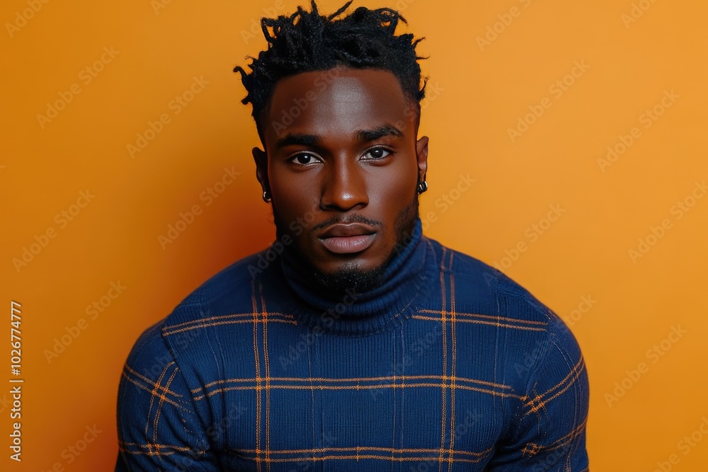 Confident Portrait of Stylish Man in Blue Turtleneck against Orange Background Confident Portrait of Stylish Man in Blue Turtleneck against Orange Background
