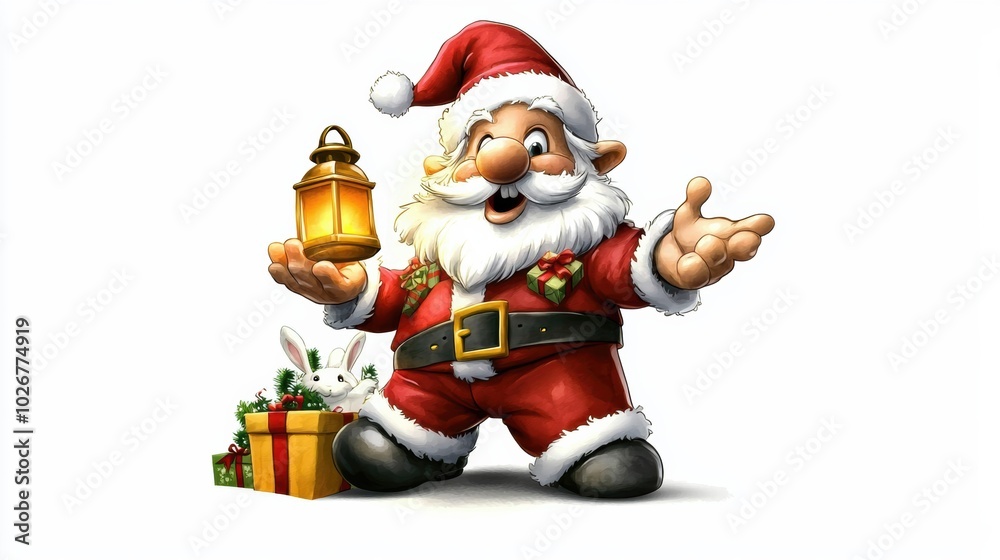 Cheerful Santa Claus with Lantern and Gifts