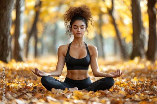 Woman Practicing Yoga in Autumn Forest with Falling Leaves and Soft Sunlight