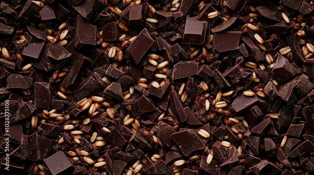 a close-up, top-down view of chopped dark chocolate with puffed rice scattered across the frame