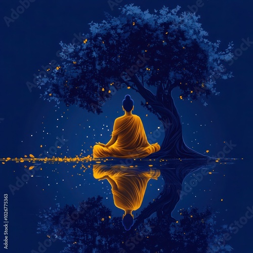 Visak Day Buddha Meditation Under Bodhi Tree at Night Vector Design on Blue Background photo