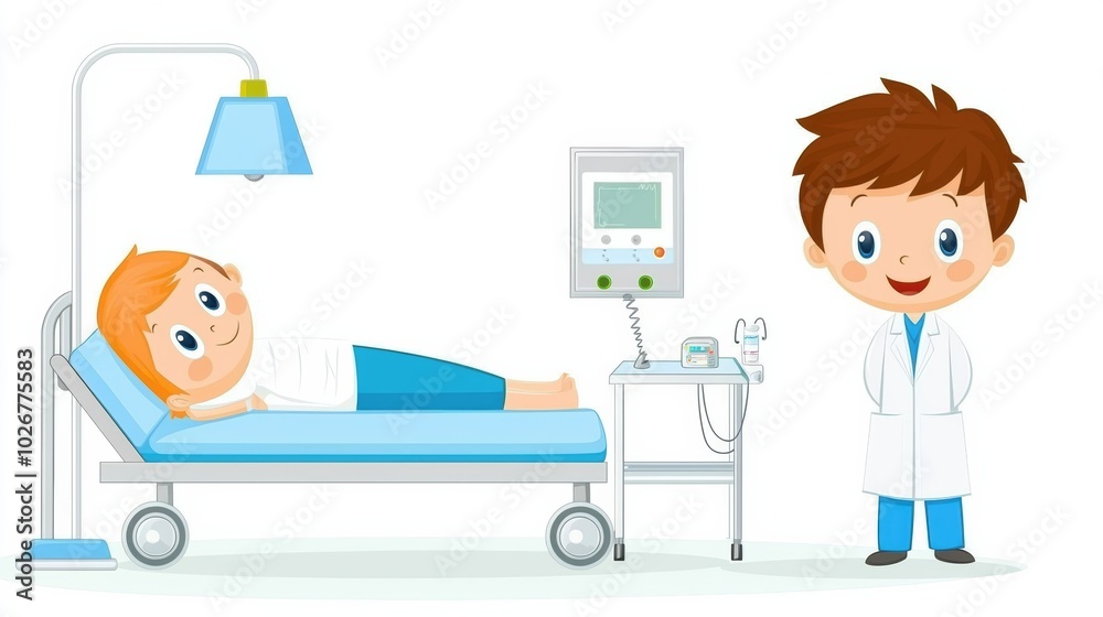 Child in Hospital Bed with Caring Doctor Illustration Child in Hospital Bed with Caring Doctor Illustration