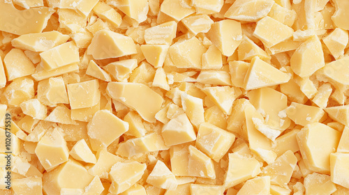 a close-up, top-down view of chopped peach-flavored white chocolate, filling the frame with its soft, creamy texture and subtle peach hue