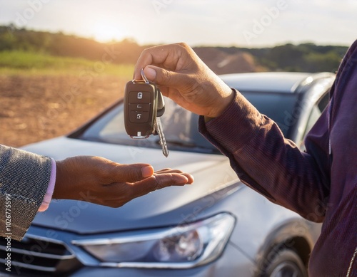 Buy second-hand auto or rent a car concept, Close-up hand of used car agent giving an auto key to client.