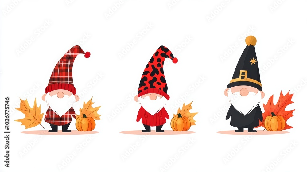 Cute Gnomes with Autumn Leaves and Pumpkins