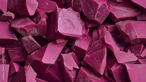 a close-up, top-down view of chopped ruby chocolate, filling the frame with its distinctive pink hue and smooth texture in uneven pieces