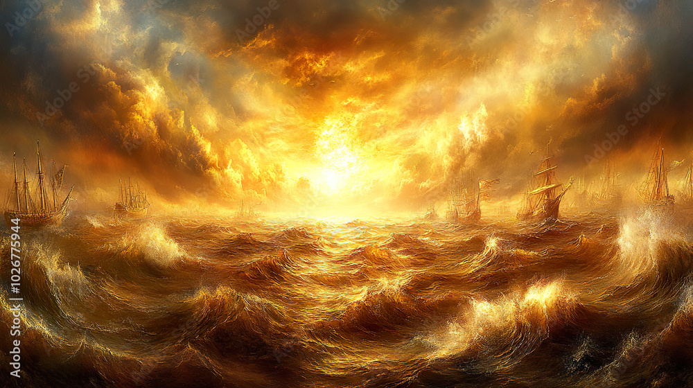 Dramatic sunset over stormy seas with sailing ships, epic marine scene. AI-generated