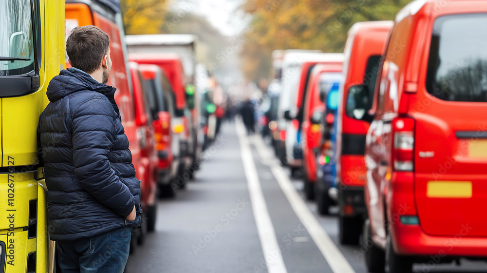 Obraz premium Man observing a line of vehicles in a traffic jam, autumn scene, road congestion.