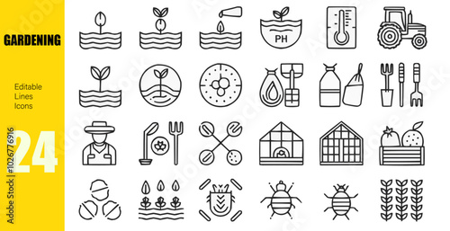Gardening Line Editable Icons set. Vector illustration in modern thin line style of horticultural icons: soil quality, care and stages of plant cultivation, and more. Pictograms and infographics