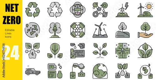 Net Zero Line Editable Icons set. Vector illustration in modern thin line style of ecology related icons recycling, carbon absorbing, green energy, and more. Isolated on white photo