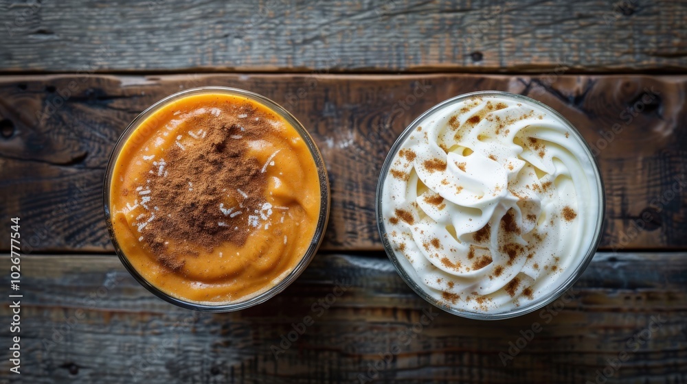 Cozy Autumn Beverages: Top View of Pumpkin Smoothie and Spice Latte with Whipped Cream on Rustic Wooden Background Cozy Autumn Beverages: Top View of Pumpkin Smoothie and Spice Latte with Whipped Cream on Rustic Wooden Background