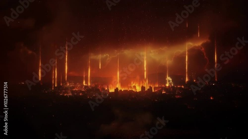 The depiction of the destruction of Sodom and Gomorrah from the Bible, with fireballs falling from the sky as they slowly devastate the entire city. A divine punishment that befell the cities of Sodom