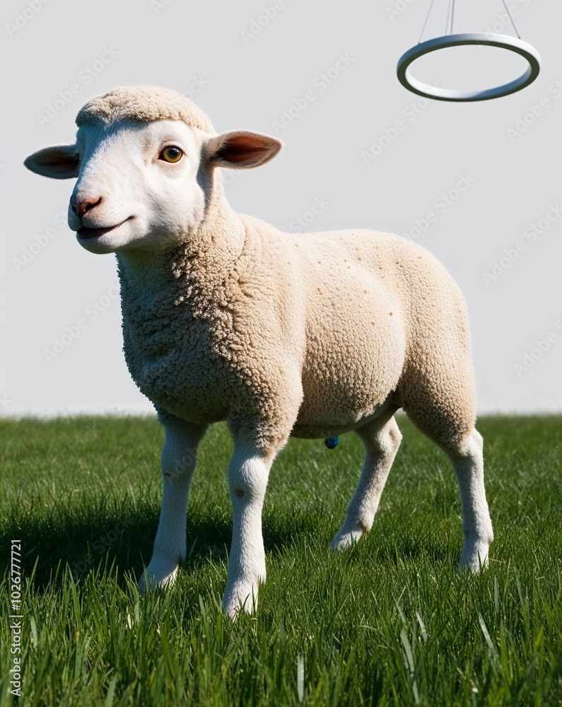 Fototapeta premium a fluffy lamb grazing in the meadow on plain white background