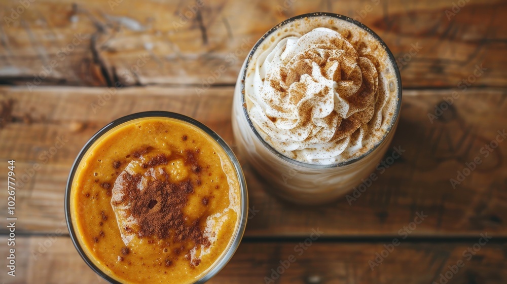 Close-Up Top View of Pumpkin Smoothie and Spice Latte with Whipped Cream on Wooden Background Close-Up Top View of Pumpkin Smoothie and Spice Latte with Whipped Cream on Wooden Background