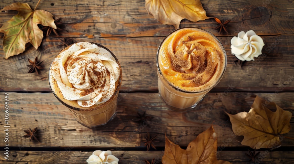 Festive Top View of Pumpkin Smoothie and Spice Latte with Whipped Cream on Wooden Background Festive Top View of Pumpkin Smoothie and Spice Latte with Whipped Cream on Wooden Background
