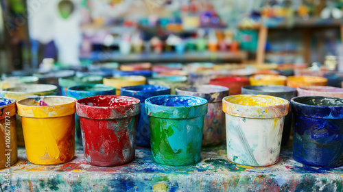 front, horizontal view,  an array of paint pots