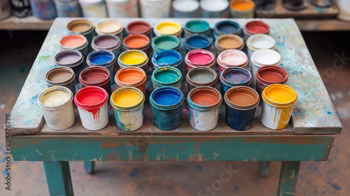 front, horizontal view,  an array of paint pots