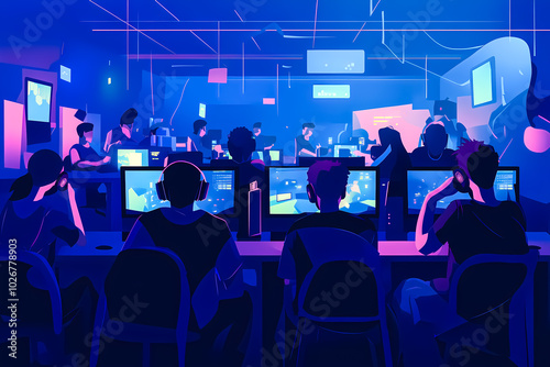 Group of gamers playing at a computer desk with colorful neon lights.