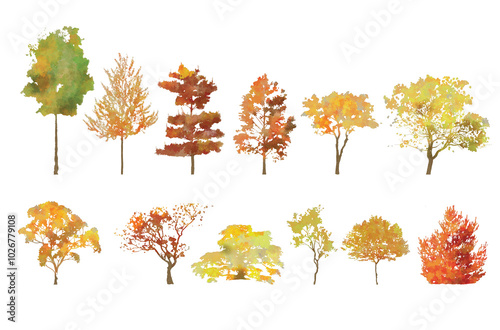 trees set watercolor illustration, hand drawn for architecture or decorative autumn
