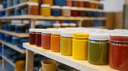 front, horizontal view,  an array of paint pots