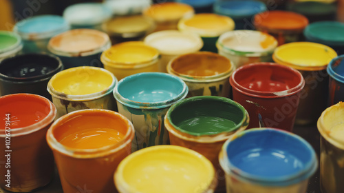 front, horizontal view,  an array of paint pots