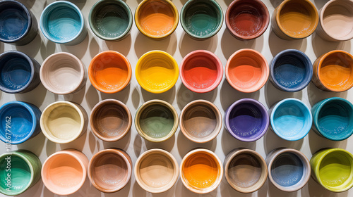 front, horizontal view,  an array of paint pots