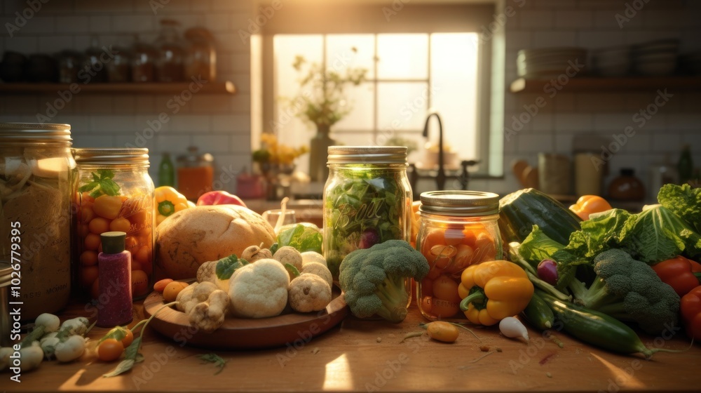 Fresh Vegetables and Jars in a Kitchen Fresh Vegetables and Jars in a Kitchen