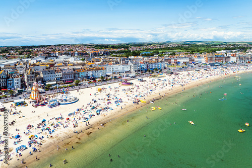 Weymouth Beachat summer from a drone, Esplanade, Weymouth, Dorset, England photo