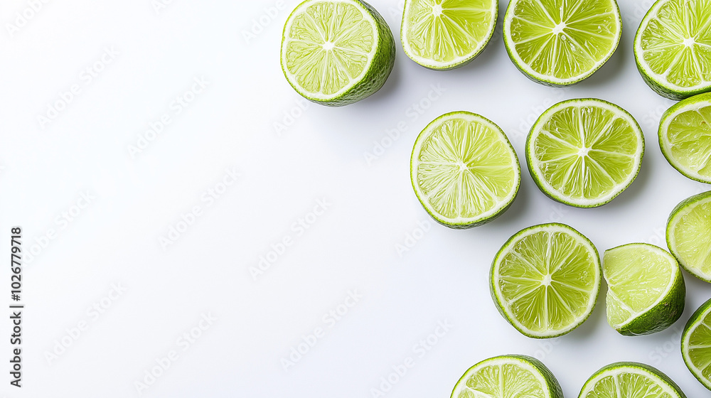 top down view, the image depicts chopped lime pieces placed on the right side of a white background, leaving ample copy space on the left top down view, the image depicts chopped lime pieces placed on the right side of a white background, leaving ample copy space on the left