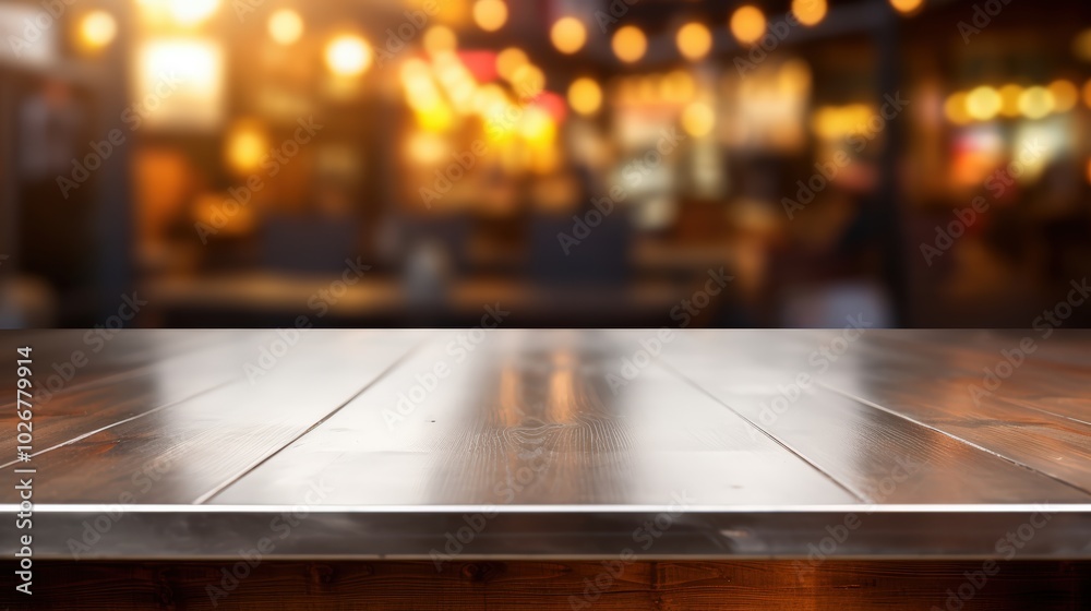 Steel table top with blurred background of a coffee shop or restaurant interior 