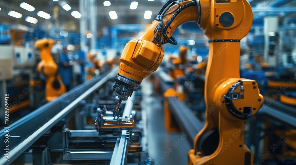 Industrial Robot Arm in Automated Production Line Industrial Robot Arm in Automated Production Line