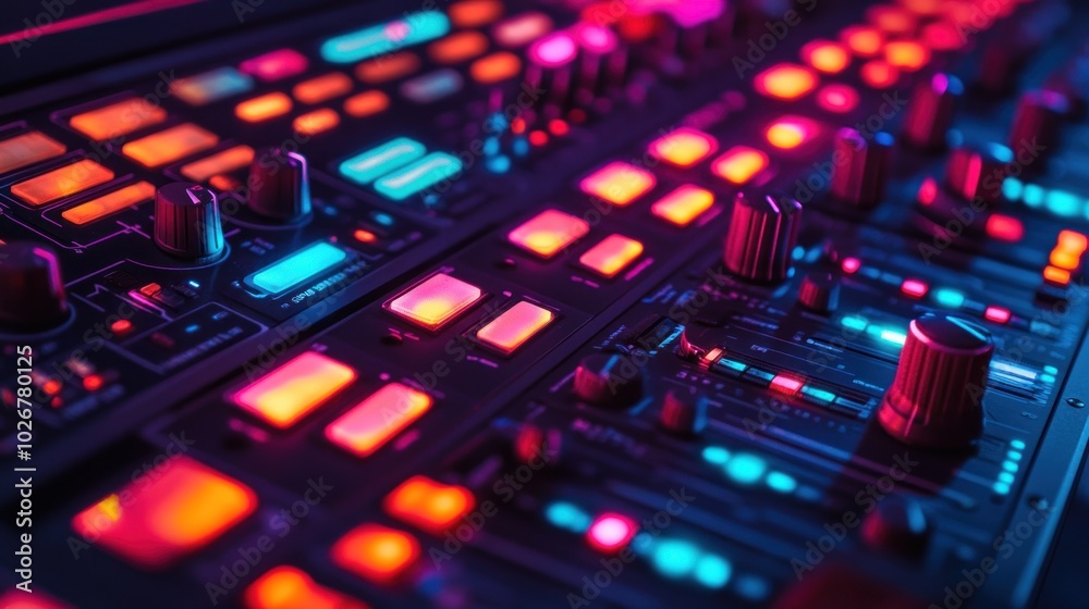 Close-up of Sound Mixer with Neon Lights Close-up of Sound Mixer with Neon Lights