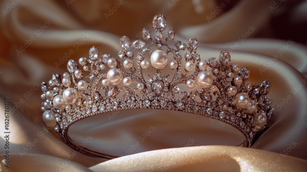 Elegant Pearl and Crystal Tiara on Satin Fabric Elegant Pearl and Crystal Tiara on Satin Fabric