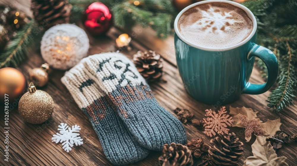 Cozy Winter Scene with Hot Chocolate and Mittens Cozy Winter Scene with Hot Chocolate and Mittens