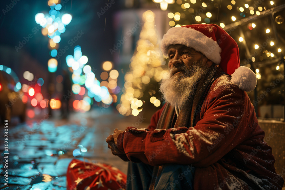 Obraz premium Tramping Santa Claus Enduring the Cold Winter as the City Enjoys Festive Christmas Celebrations Nearby