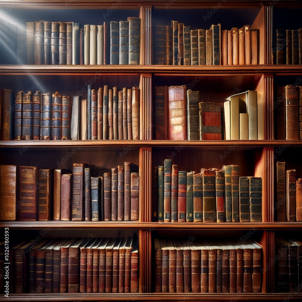 静かな古い図書館の奥に並び、重厚感のある木製の本棚。革装丁の古書や、色褪せた背表紙がぎっしりと並び、棚には適度が徐々に積もっている。日差しが窓から差し込み、棚の隙間から漏れる光が、本に 静かな古い図書館の奥に並び、重厚感のある木製の本棚。革装丁の古書や、色褪せた背表紙がぎっしりと並び、棚には適度が徐々に積もっている。日差しが窓から差し込み、棚の隙間から漏れる光が、本に