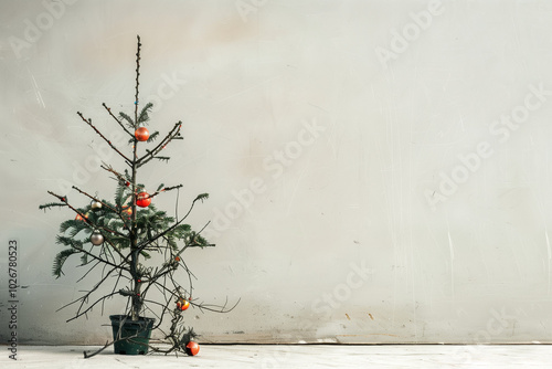 Poor Christmas Tree Against a Gray Backdrop Symbolizing Scarcity, Economic Struggle, and the Sad Reality of the Holidays photo