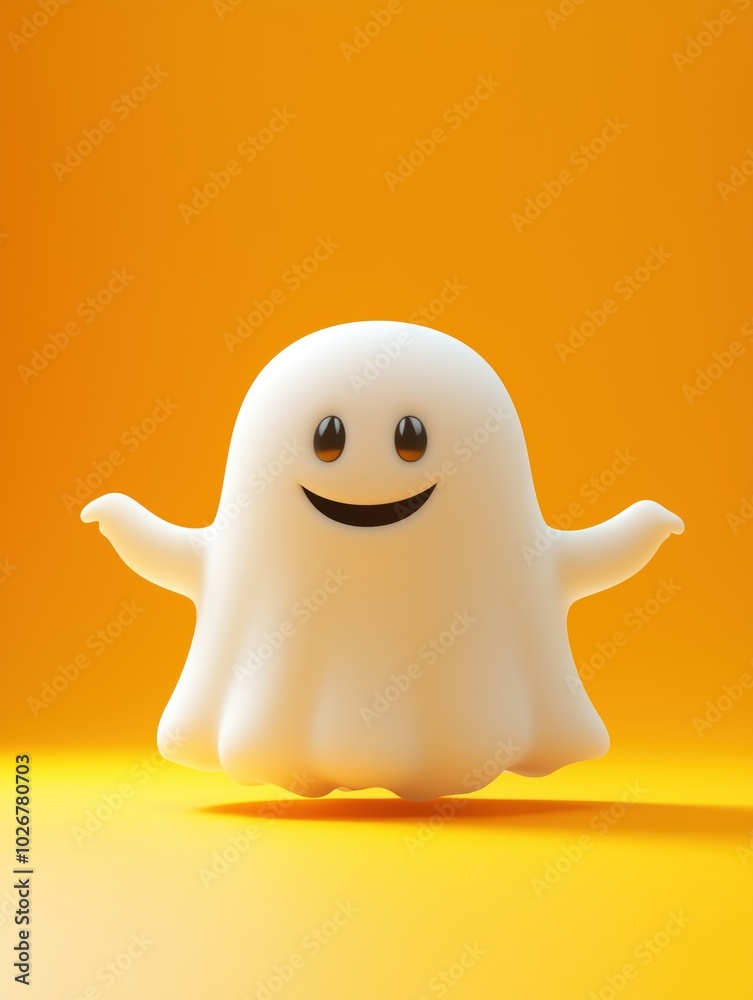 Cheerful cartoon ghost on bright yellow background with happy expression Cheerful cartoon ghost on bright yellow background with happy expression