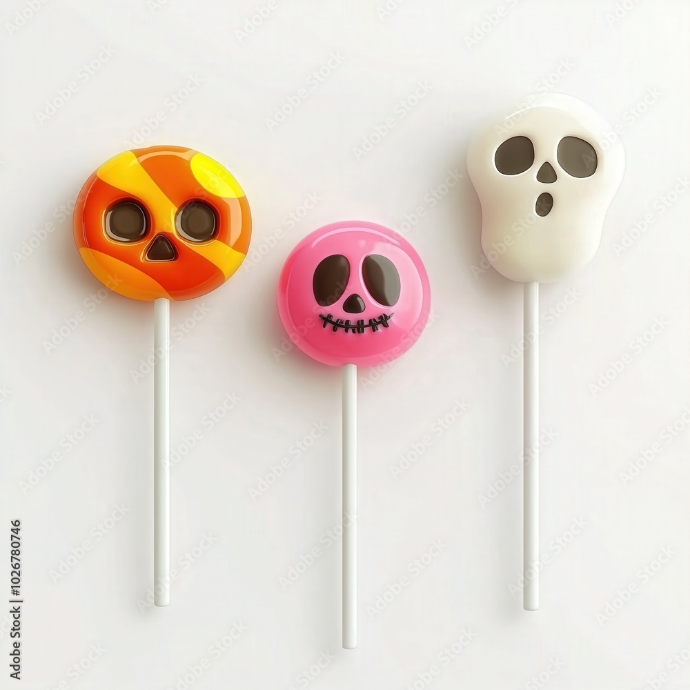 Colorful halloween candy lollipops with spooky faces on white background Colorful halloween candy lollipops with spooky faces on white background